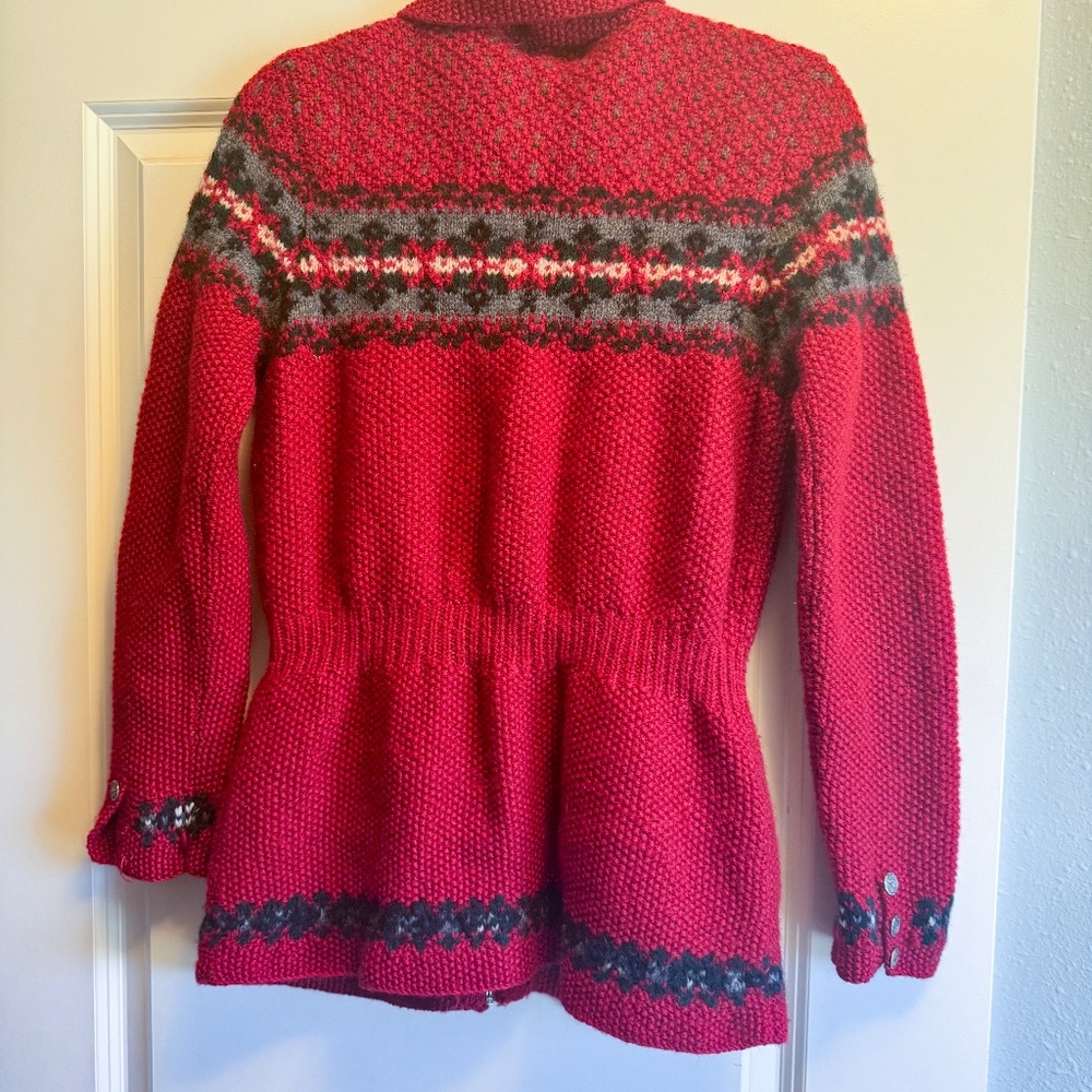 Ralph Lauren Sweater Cardigan 100%Wool Red Exclusive Hand Knit Fair Isle M - Picture 2 of 13